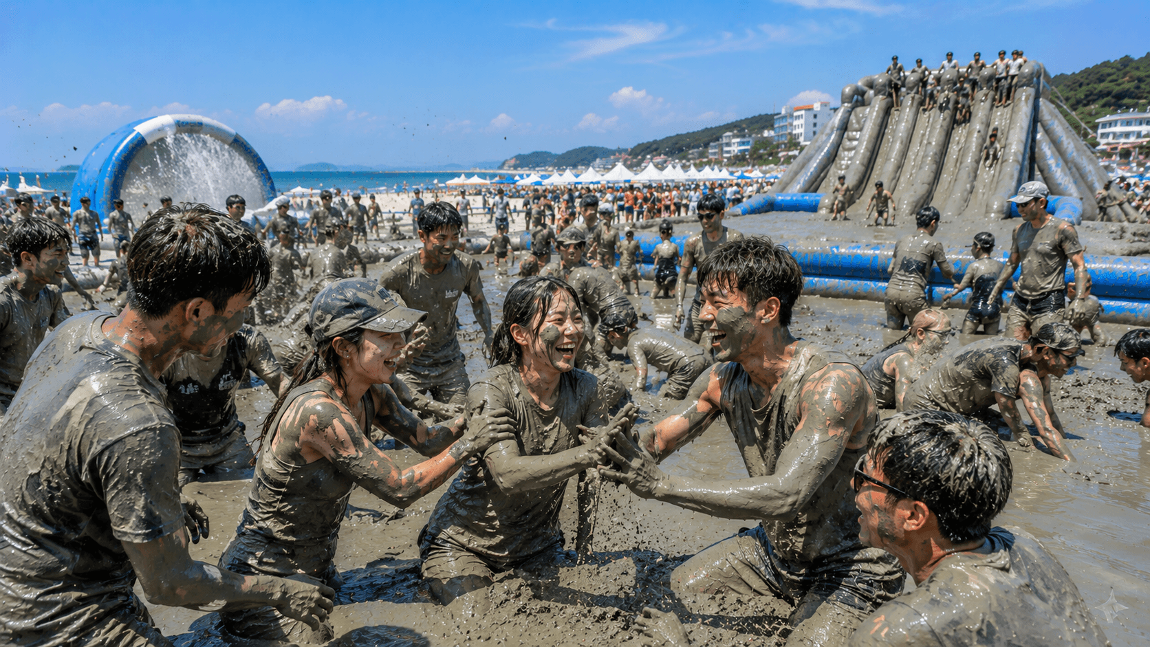 보령머드축제에서 갯벌 진흙을 온몸에 묻히고 즐기는 사람들
