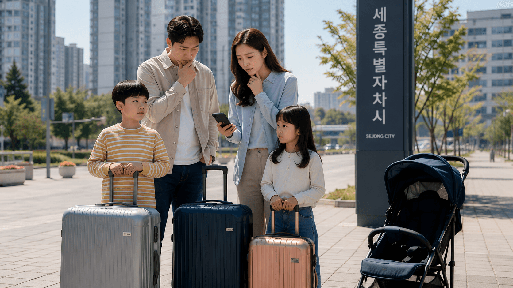 세종특별자치시에서 여행 가방과 유모차를 들고 이동 수단을 고민하는 4인 가족