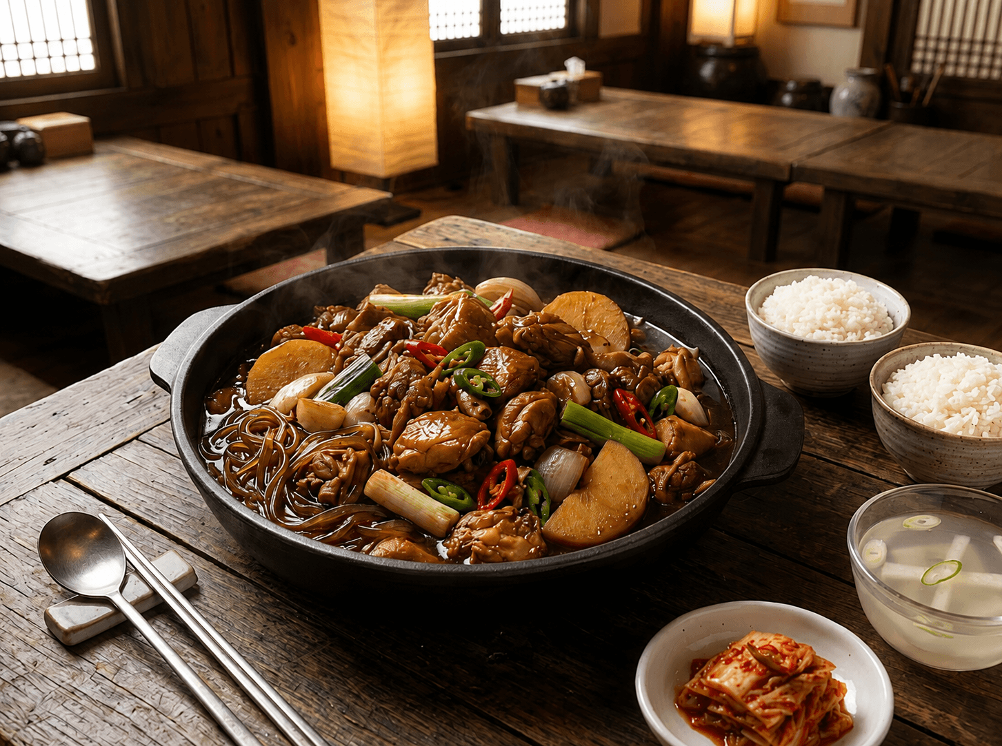 안동찜닭이 나무 테이블에 반찬들과 함께 올려져 있는 모습