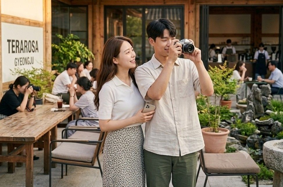 넓은 통창과 낮은 지붕이 인상적인 테라로사 경주점의 외관