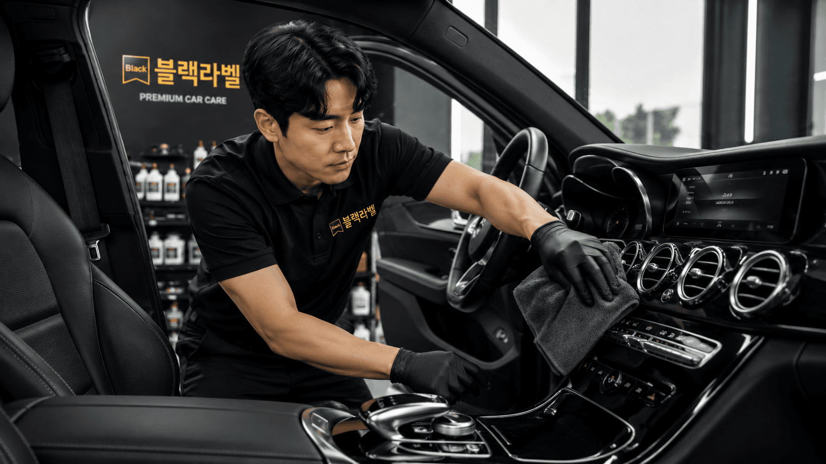 차량 내부를 꼼꼼하게 세척, 케어하고 있는 쏘카 블랙라벨 전문가