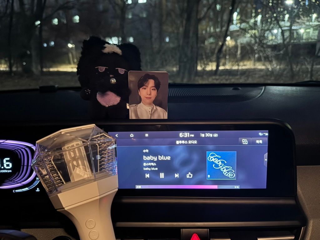 쏘카 차량 안에서 응원봉을 들고 좋아하는 노래를 듣는 이미지