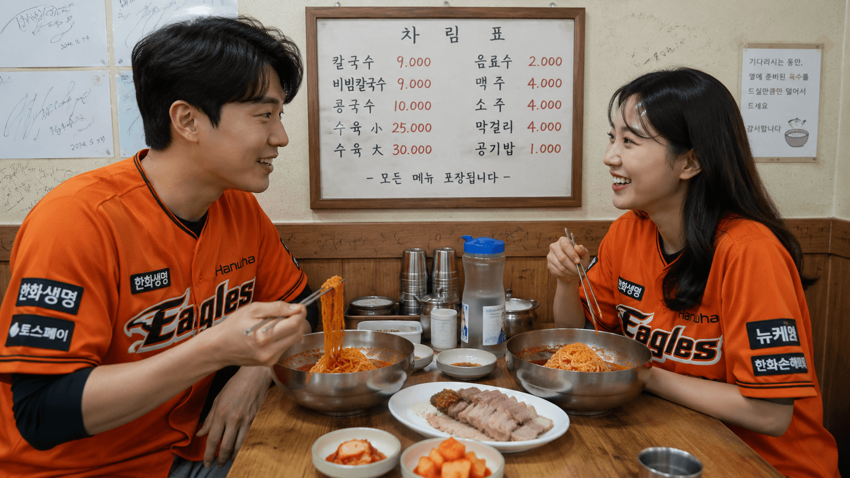 대전 대원칼국수에서 비빔칼국수와 수육을 먹는 직관족