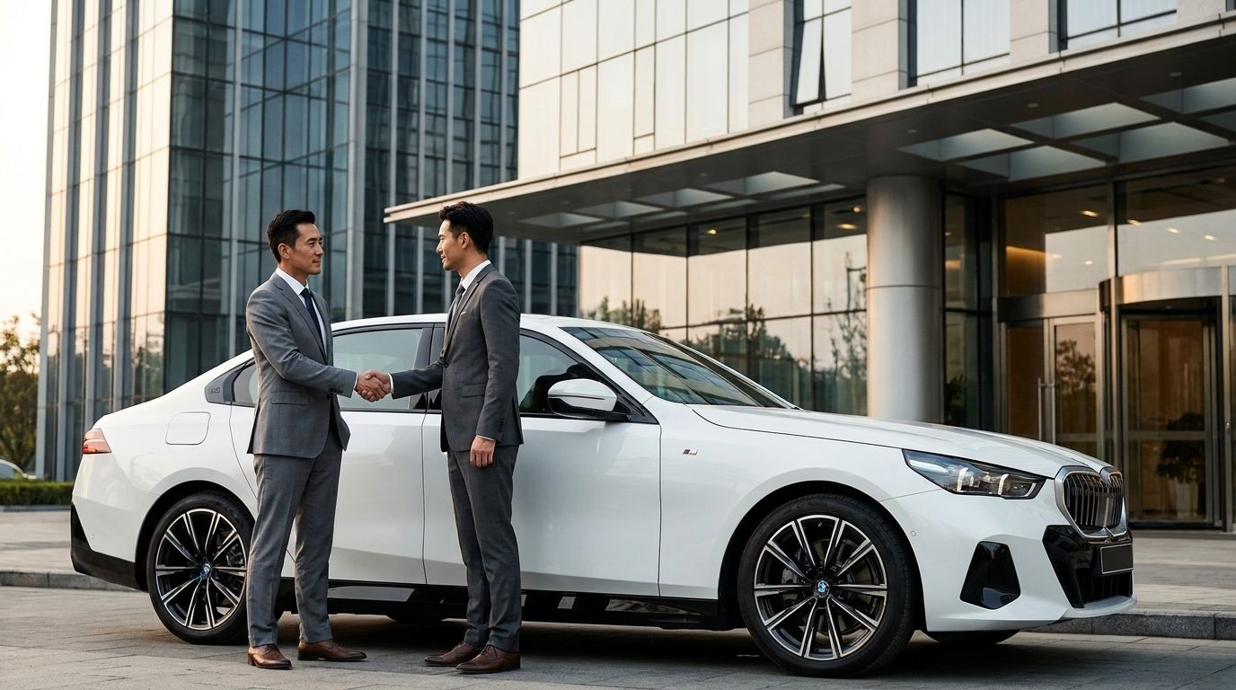 bmw 5 시리즈 앞에서 악수를 하고 있는 직장인들의 모습