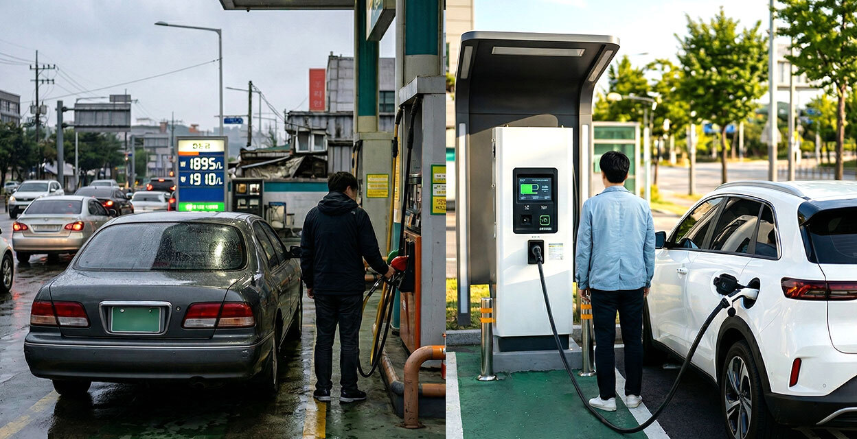 기름을 주유하고 있는 모습과 전기차를 충전하고 있는 모습이 대비되는 이미지