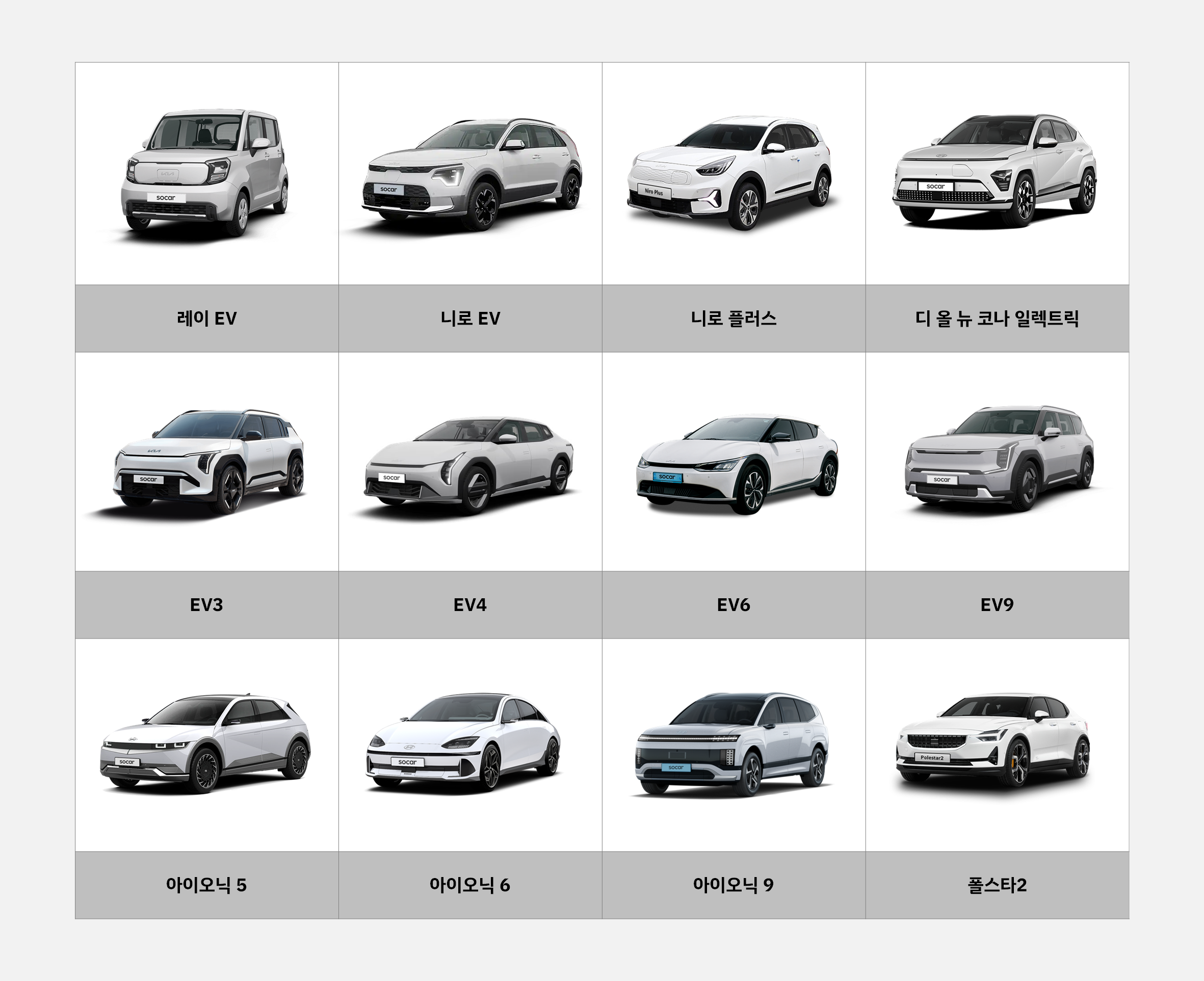 쏘카 전기차 라인업. 레이ev/니로ev/니로플러스/코나일렉트릭/ev3/ev4/ev6/ev9/아이오닉5/아이오닉6/아이오닉9/폴스타2